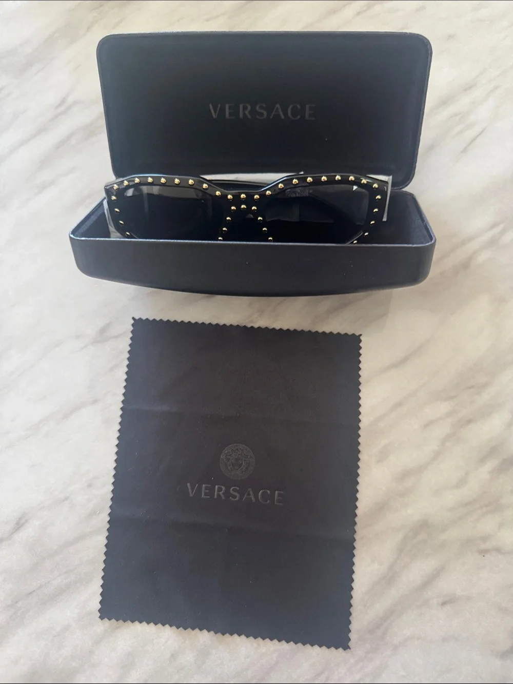 Versace Black Cat-Eye Sunglasses with Gold Stud Accents
